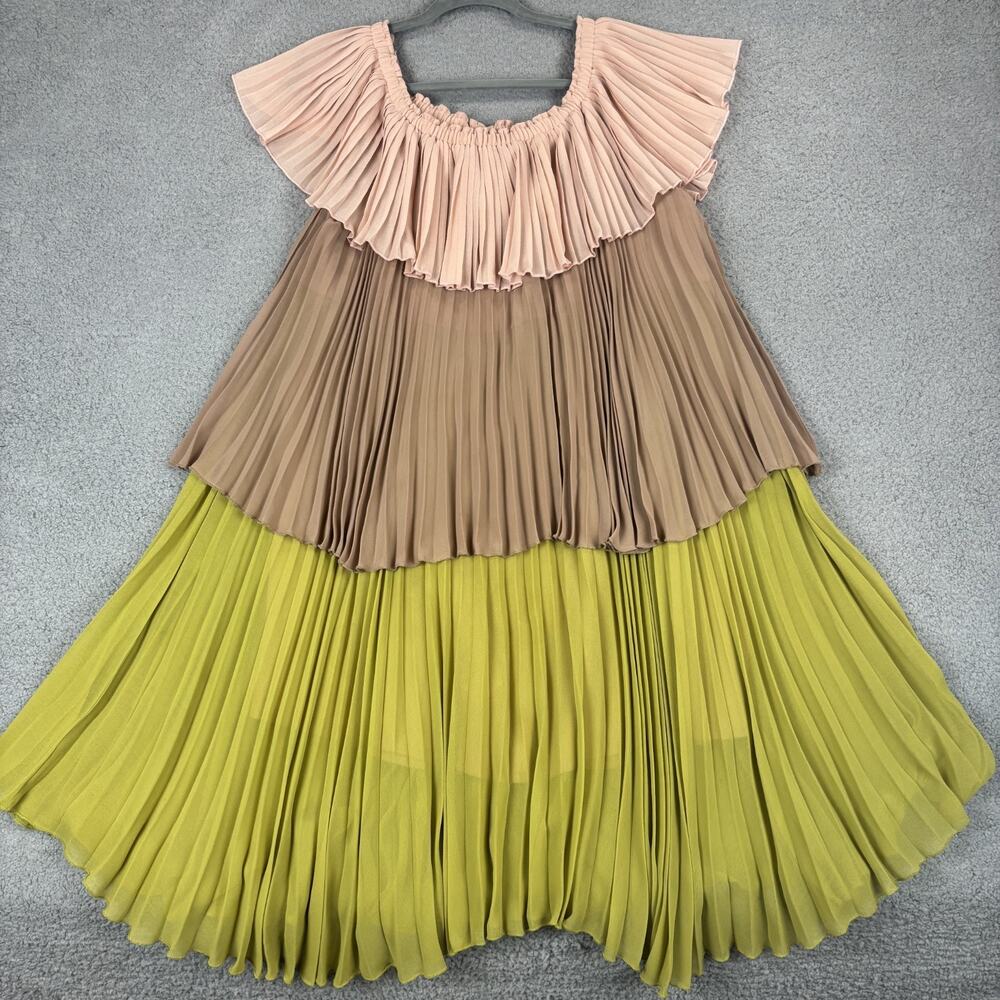 Delfi Collective Paige Dress Large Boho Off Shoulder Colorblock Pleat Retro USA - Picture 2 of 11